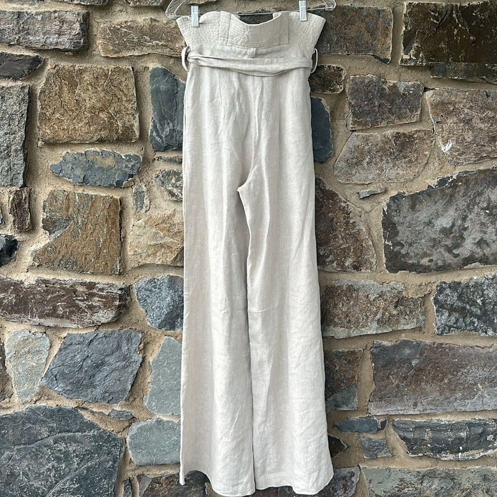 Padova Linen High Waist Paperbag Pleated Wide-Leg Pants in Beige Size 8 - Picture 7 of 10
